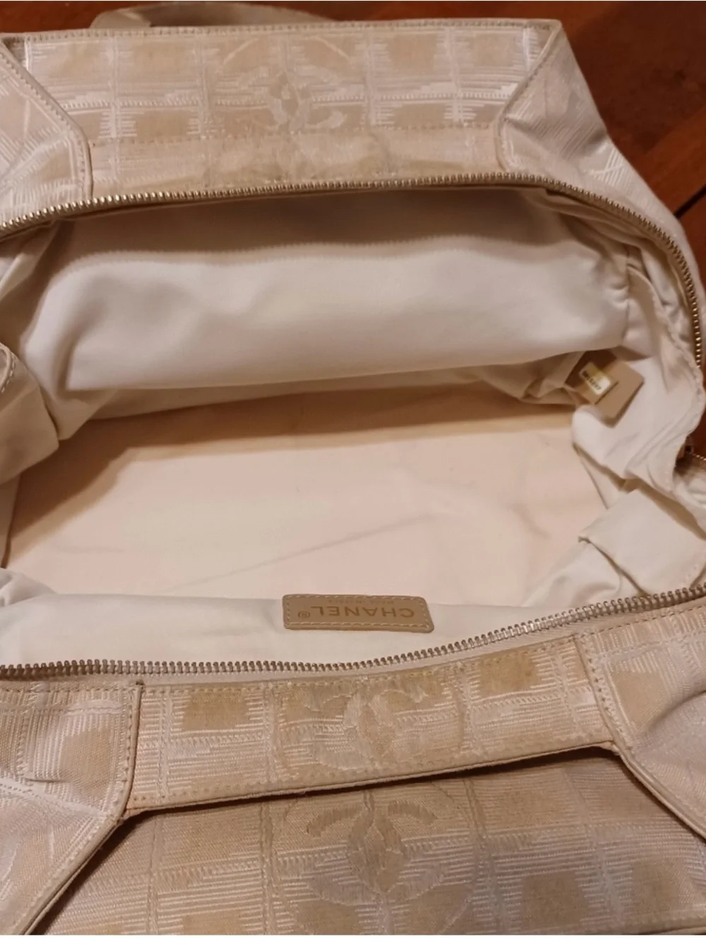 CHANEL Beige Canvas Satchel with Tan Leather Handles